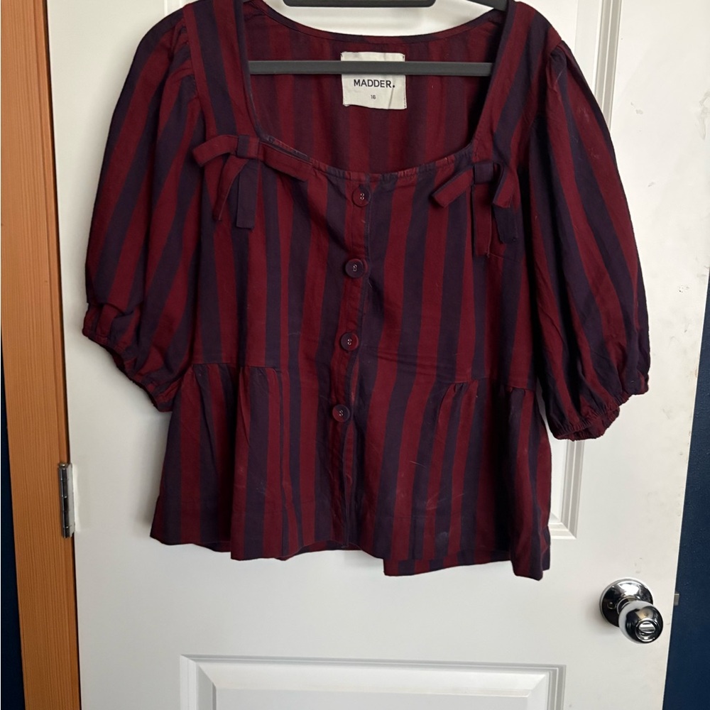 Madder Burgundy & Navy Striped Button-Front Peasant Blouse